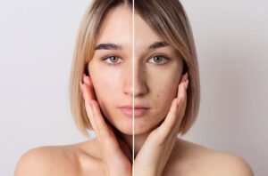 A woman showing before and after after a microskin peel and laser resurfacing.